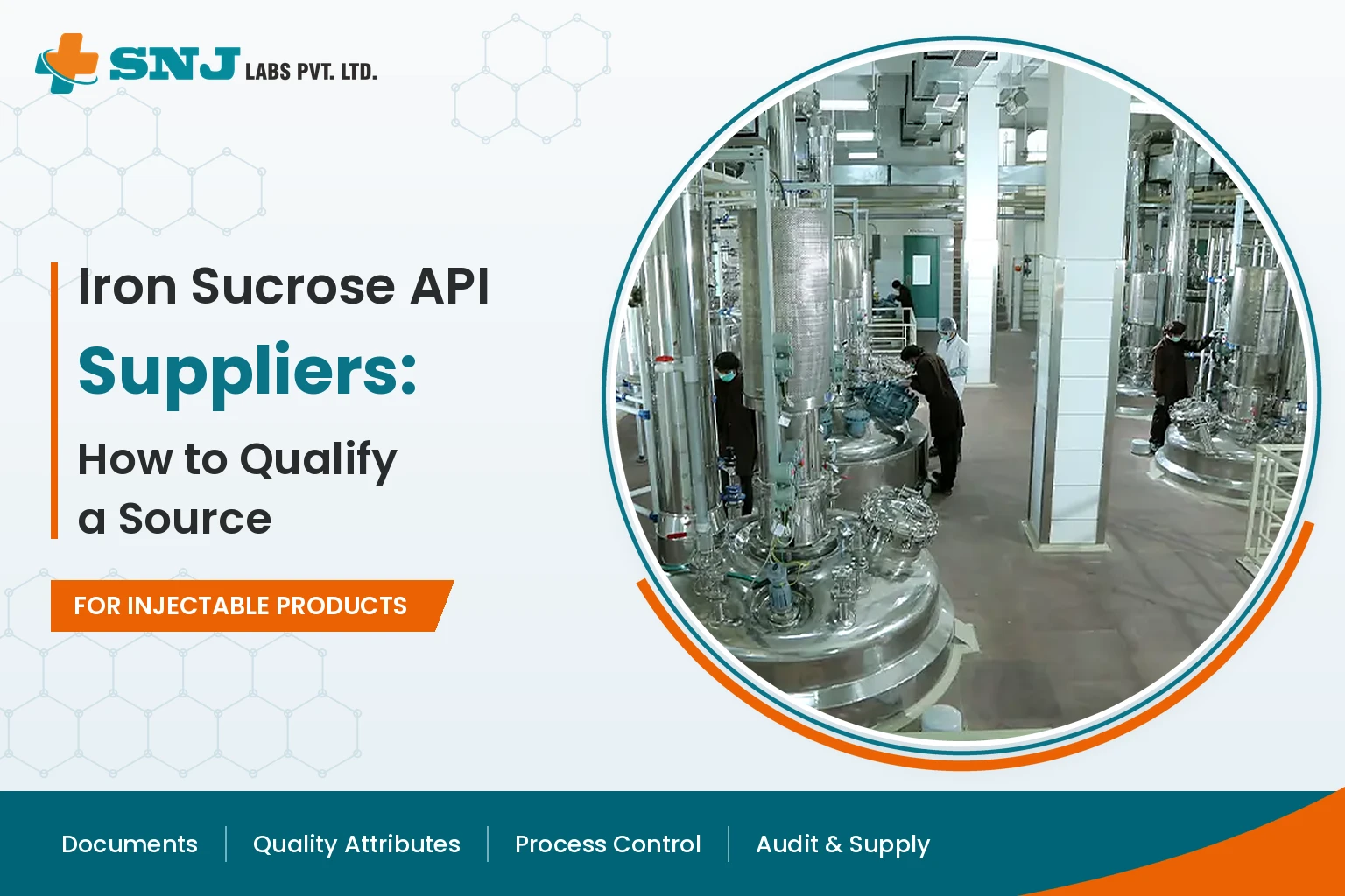 SNJ Labs banner titled Iron Sucrose API Suppliers: How to Qualify a Source for injectable products, showing operators working among stainless steel reactors in a production hall