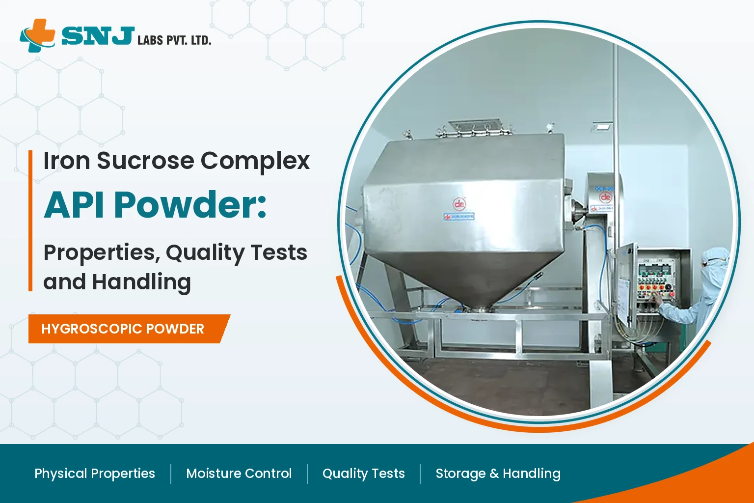 SNJ Labs banner titled Iron Sucrose Complex API Powder: Properties, Quality Tests and Handling, showing a stainless steel blender with a control panel in a cleanroom