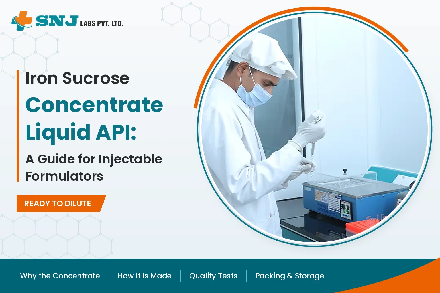 SNJ Labs banner titled Iron Sucrose Concentrate Liquid API: A Guide for Injectable Formulators, showing a lab technician in protective clothing handling a pipette and sample vial